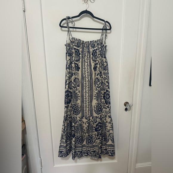 FARM Rio Blue Pineapple Garden maxi ruffle dress w/ bead tie straps -M - Picture 8 of 16